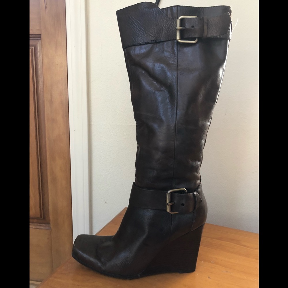 Nine West Knee High Brown Leather Wedge Boots